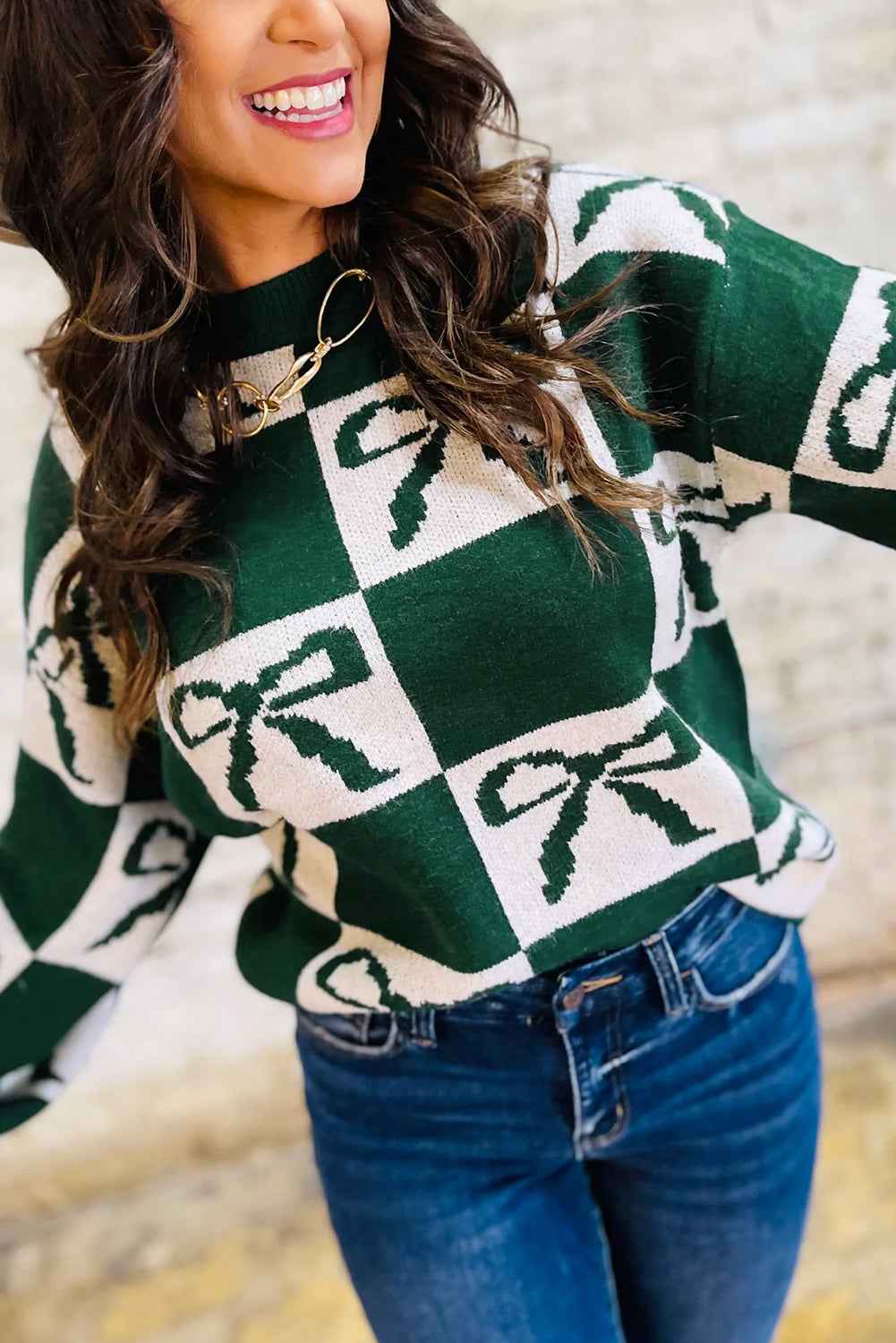 Blackish Green Bow Print Checkered Knit Sweater ccfdc56f182bbf4d