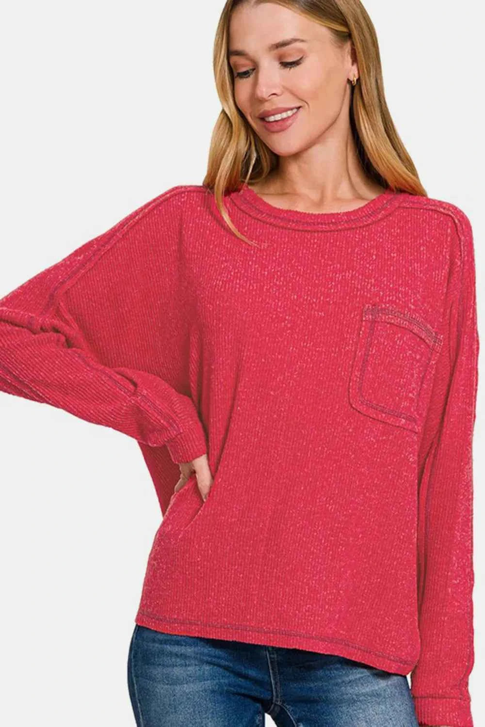 Zenana Full Size Contrast Stitching Brushed Ribbed Hacci Knit Top Red cd040541-8ff6-4143-a0d3-ee5b60b30720-Max