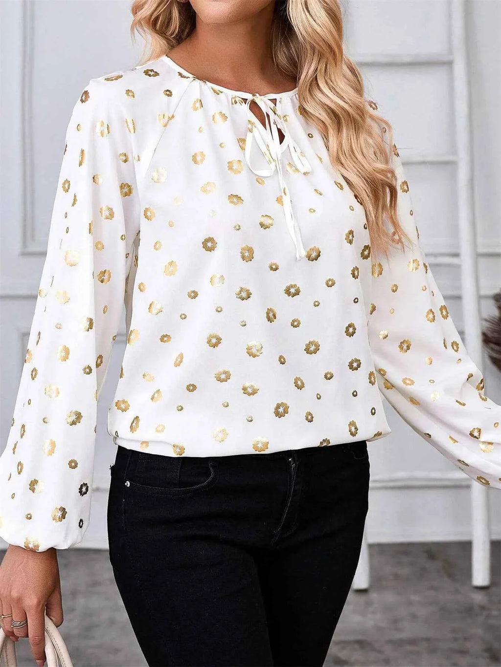 Printed Tie Neck Long Sleeve Blouse cd04aa48bfb8487d84f40e6a0aa27d90-Max-Origin
