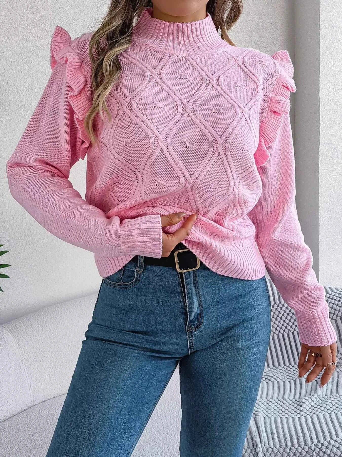 Mock Neck Ruffle Trim Long Sleeve Sweater cd0668b4e0f247b28eee99a915e89fe9-Max-Origin