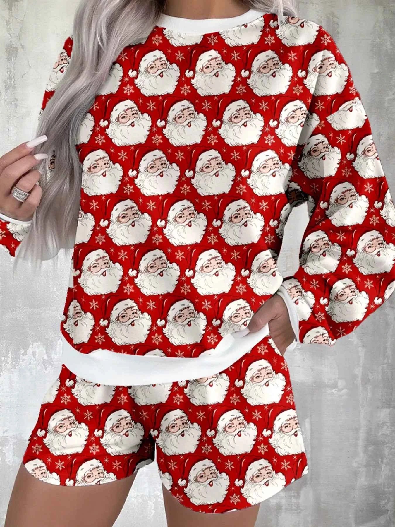 Christmas Santa Print Round Neck Top and Shorts Lounge Set cd1fae28-832e-4a6f-b142-bdc1f70d9f75-Max-Origin