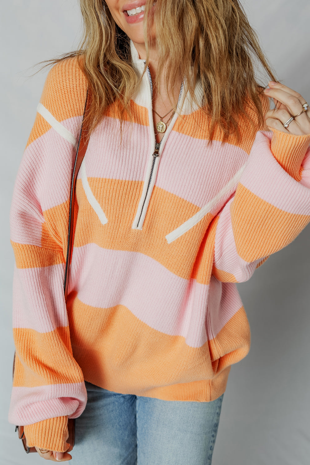 Orange Stripe Half Zip Collar Loose Sweater cd2af26e4a0d05c1