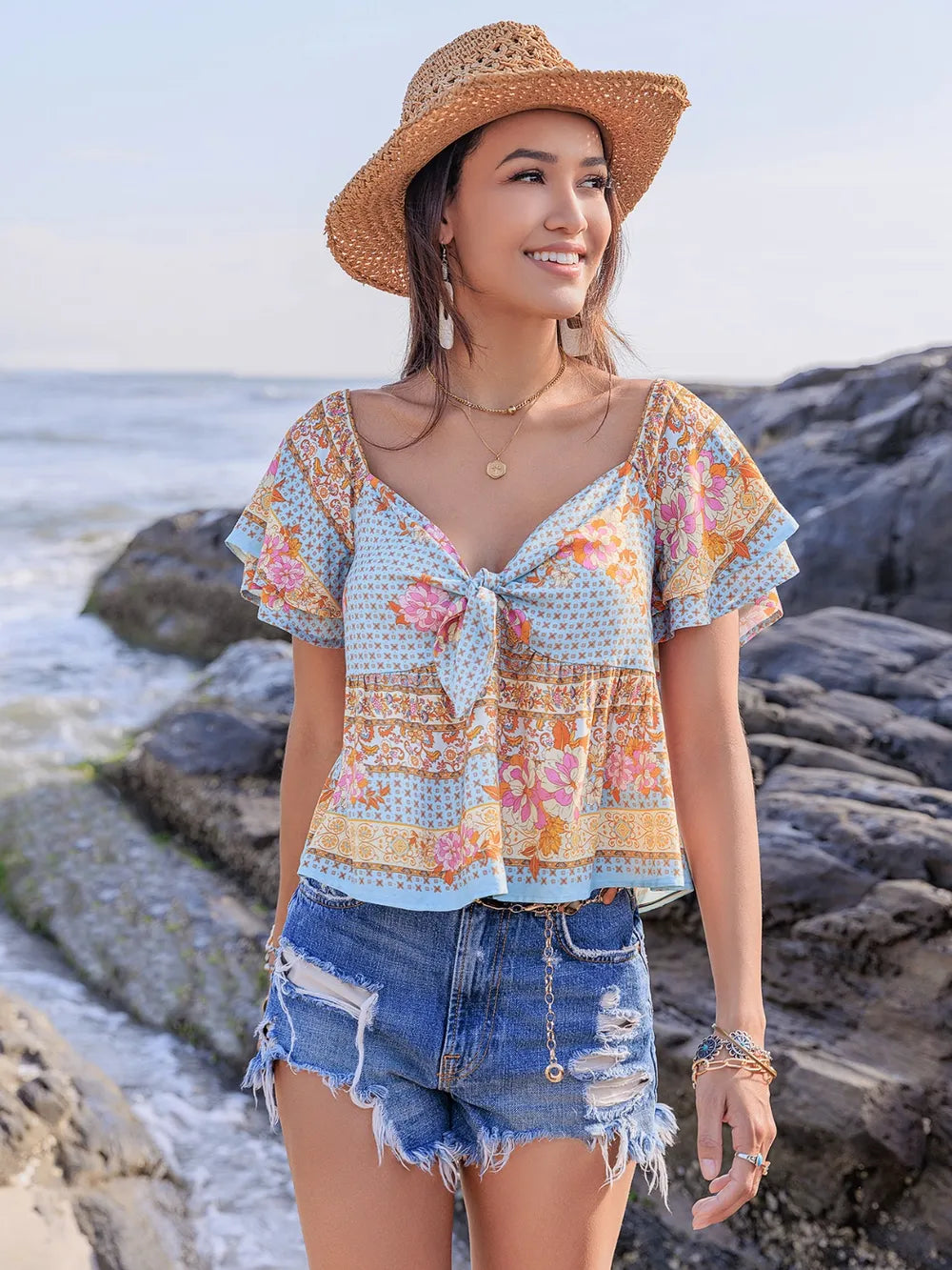 Printed Sweetheart Neck Layered Short Sleeve Blouse cd31bf62-c520-4971-a64f-9aaa02b94c89-Max