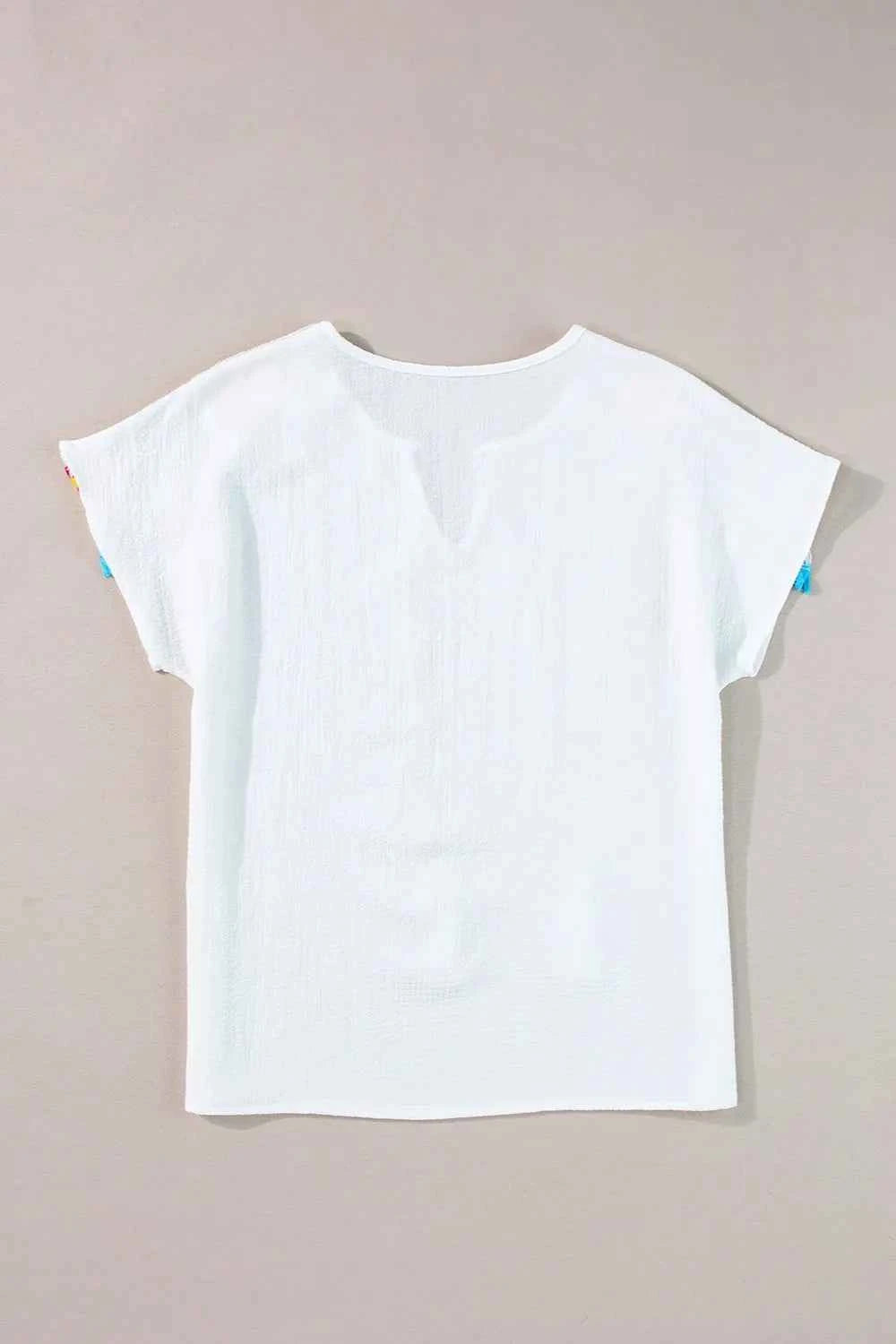 Tassel Tie Neck Short Sleeve Blouse cd409dfa-8d69-41aa-8e21-816f3a2e32b7-Max