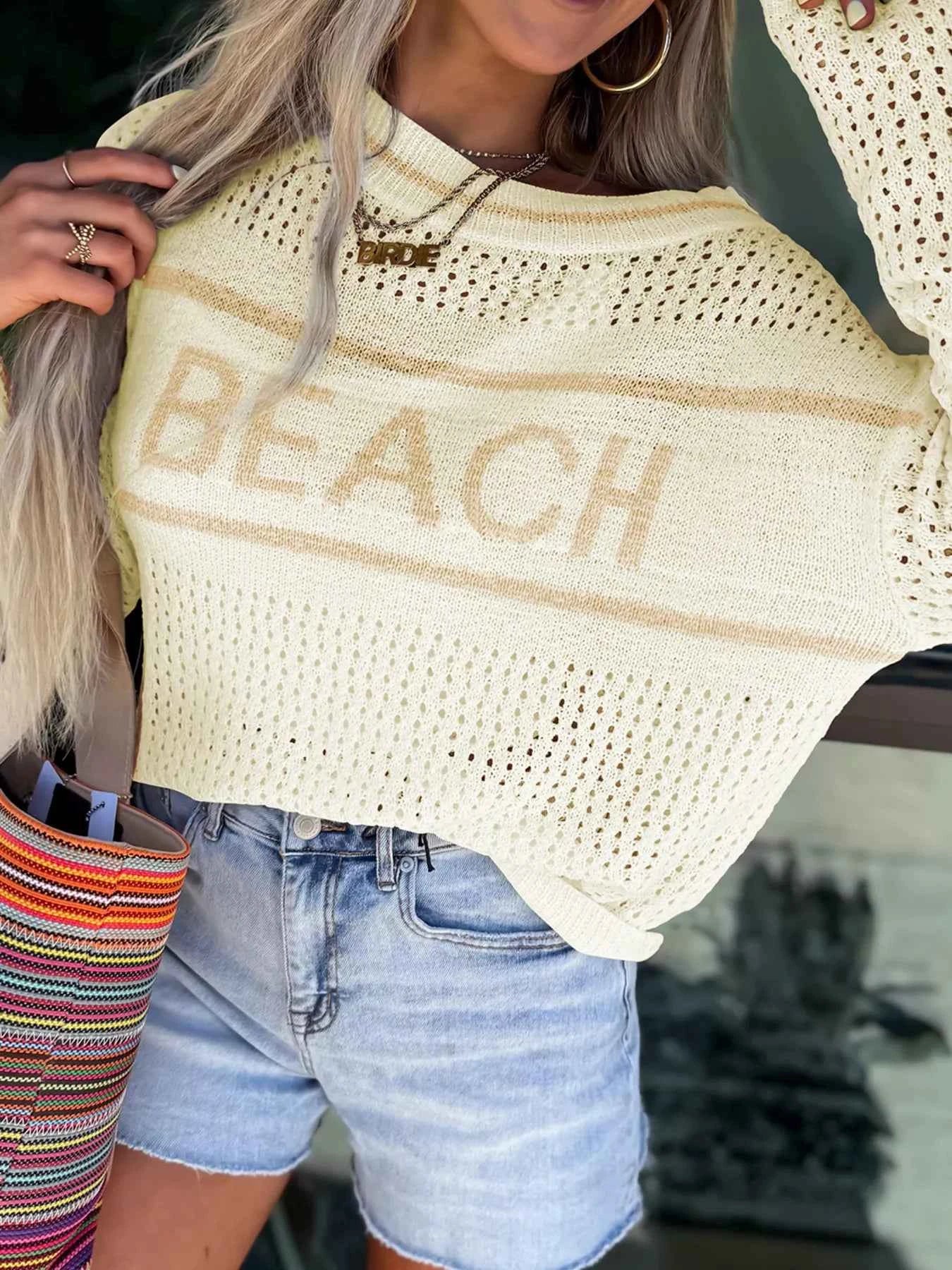 BEACH Hollow Out Knitted Lightweight Dolman Sweater Ivory cd50f25d2ace4b0bb166717f9f7fc3e0-Max-Origin
