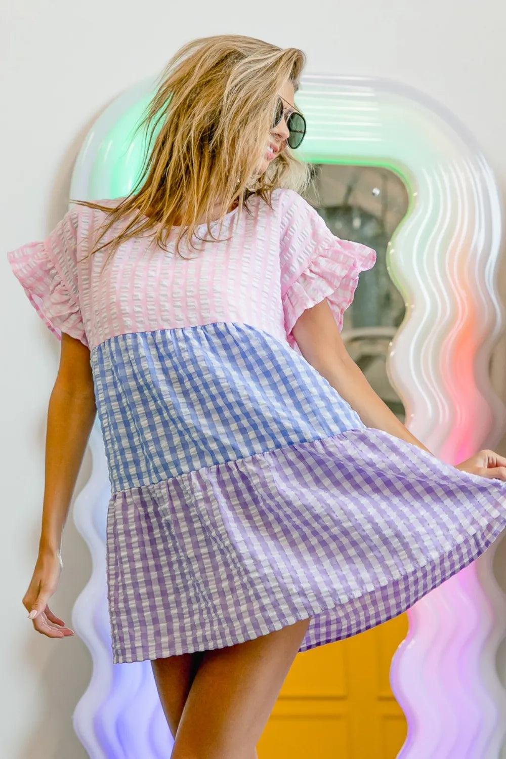 BiBi Plaid Color Block Tiered Top Blush Blue Lavender cd513d84-6521-4bb1-b376-a1c30e5d5c50-Max