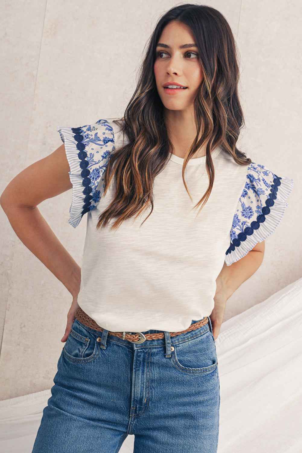 Blue Floral Striped Patchwork Flutter Sleeve Blouse cd54dc79523c89a3