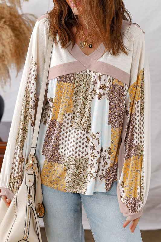 Floral Patchwork Long Sleeve Blouse White cd5aa263-b12c-4620-a1c0-b307b7643d56