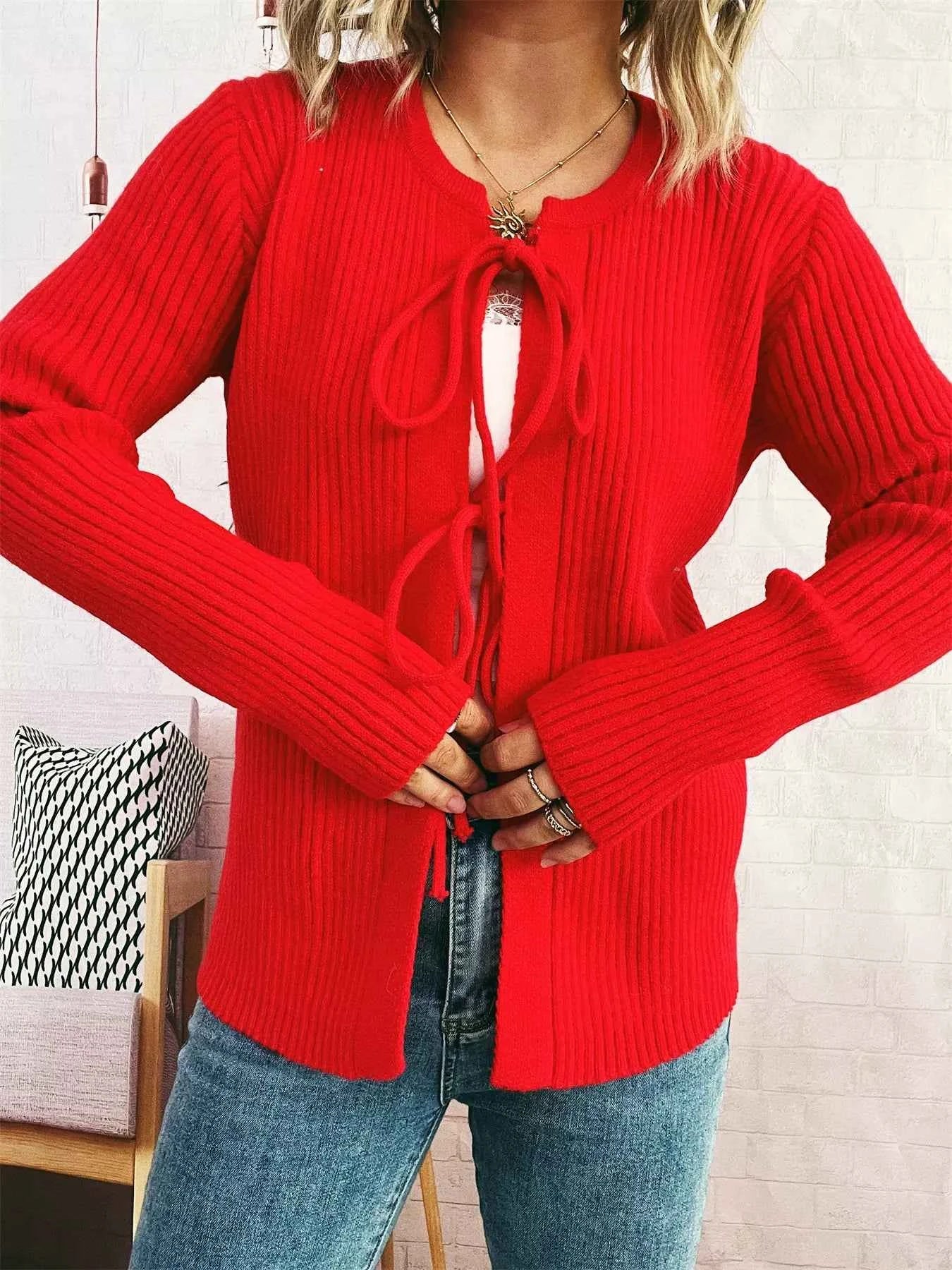 Ribbed Tie Front Long Sleeve Cardigan Red One Size cd6c508b81444d3390f6543d6621f508-Max-Origin