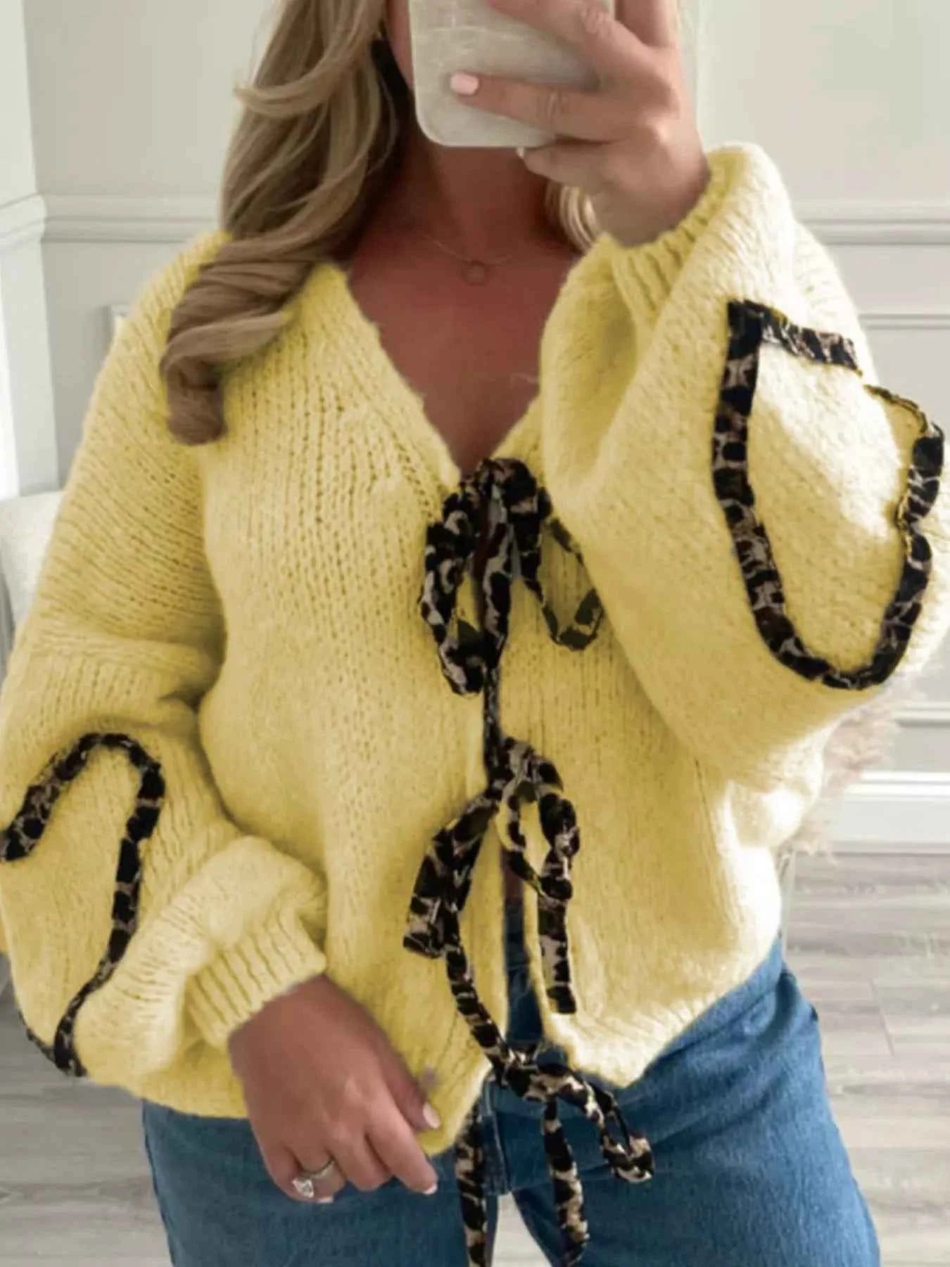 Tie Front Long Sleeve Sweater Yellow cd77ca36-7191-4637-923e-1b9b261fde87-Max-Origin