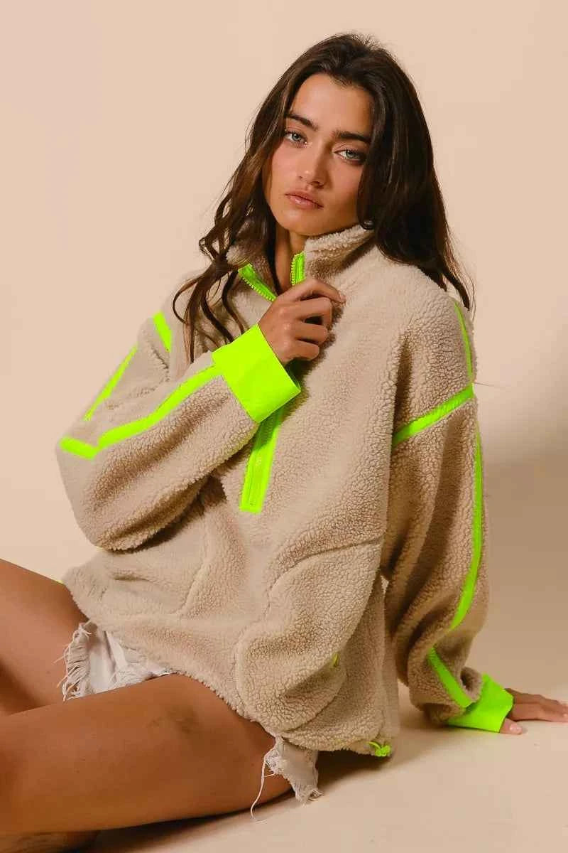 BiBi Contrast Edge Half Zip Up Sherpa Jacket cd99c38d352048ac9ad9ddb9420c7d5c-Max-Origin