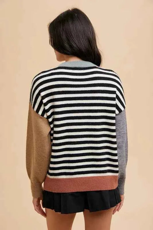 Annie Wear Striped Color Block Round Neck Sweater cd9aef28-a3dc-44ab-8e62-8287ccc5eb4a-Max