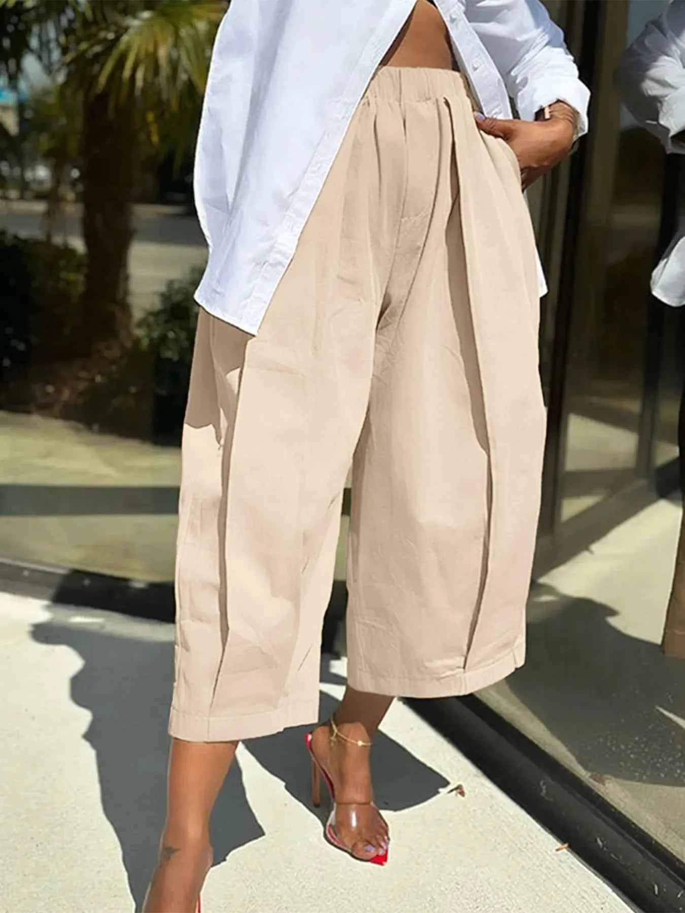 Plus Size Wide Leg Pleated Detail Cropped Pants Beige cda5f52e-8242-47bb-ba6c-bf9751fa281d-Max-Origin