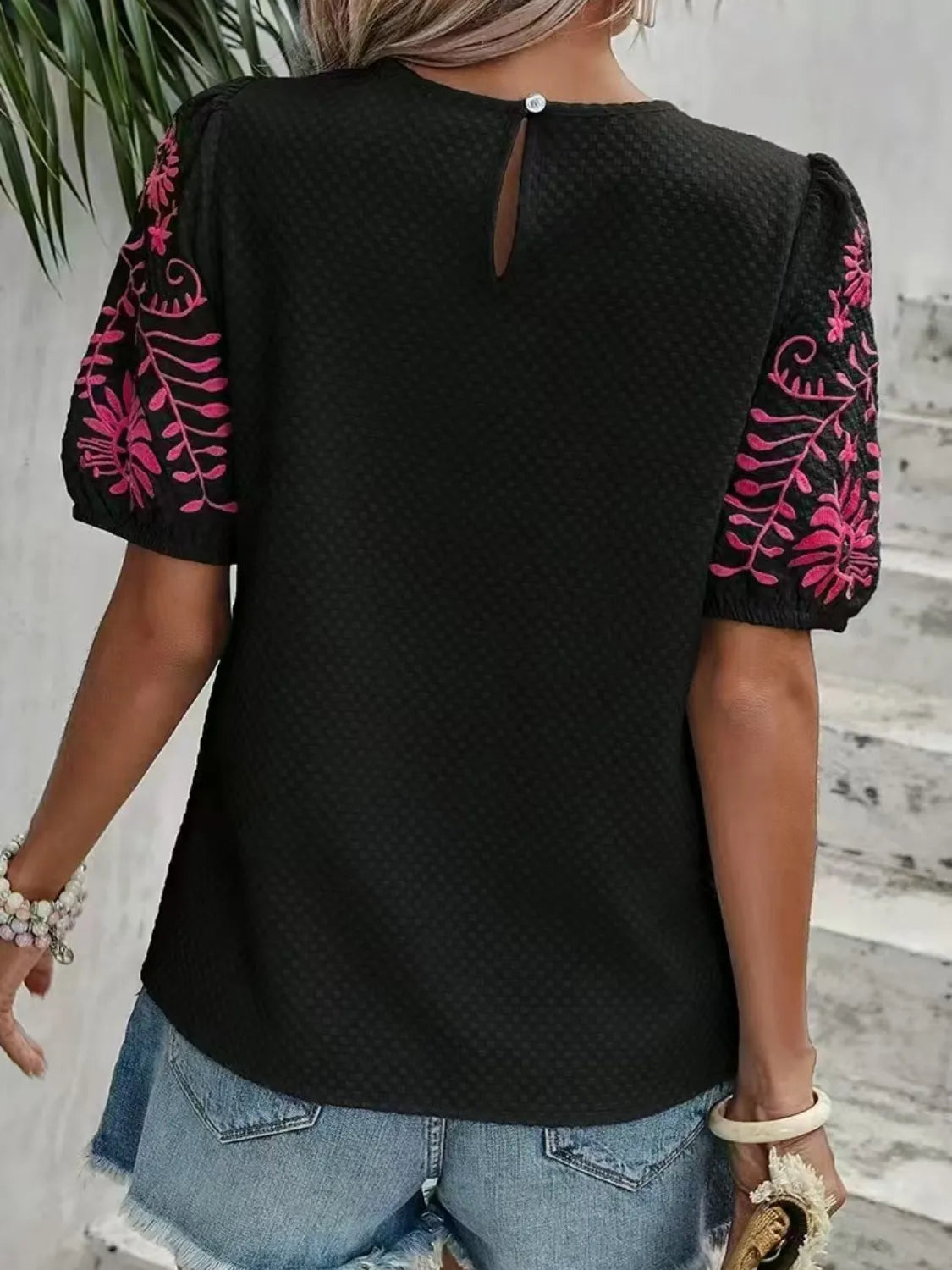 Embroidered Round Neck Short Sleeve Blouse cda7be53-14d0-4dc5-8270-d60850676be5-Max-Origin