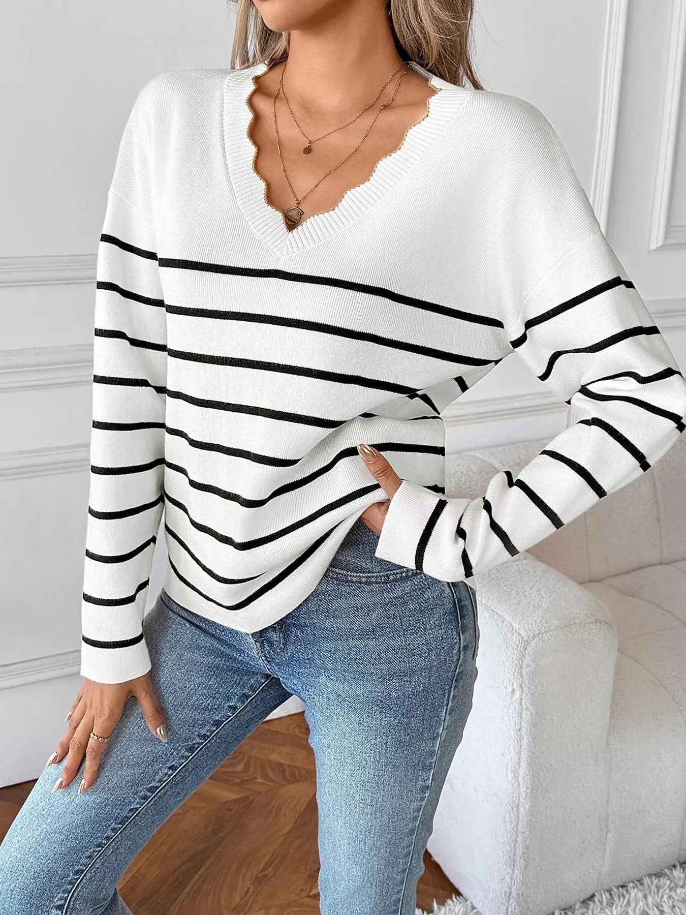 Striped V-Neck Long Sleeve Sweater cdb86a2c814740e2a847d45091fcca24-Max-Origin