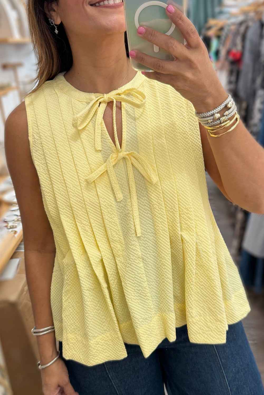 Yellow Cream Bow Tie Notched Neck Pleated Sleeveless Top Yellow Cream cdbc4d418bab4873