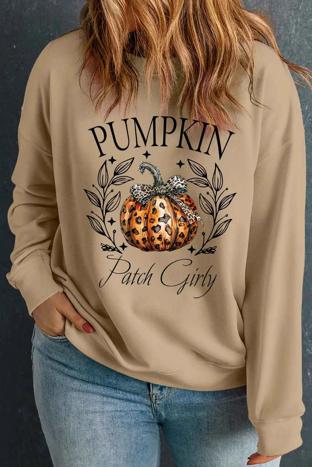 Plus Size Pumpkin Graphic Long Sleeve Sweatshirt Khaki cdc944ea-4f34-40c0-8a98-6b72d7428444-Max