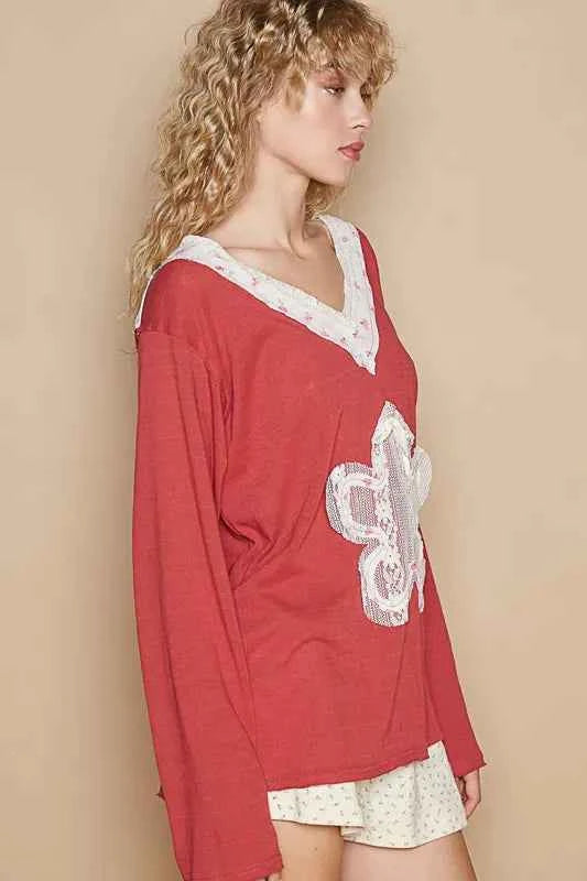 POL Lace Flower Patch Long Sleeve T-Shirt cde140f0-5419-400b-948a-0efdfbfac414-Max-Origin