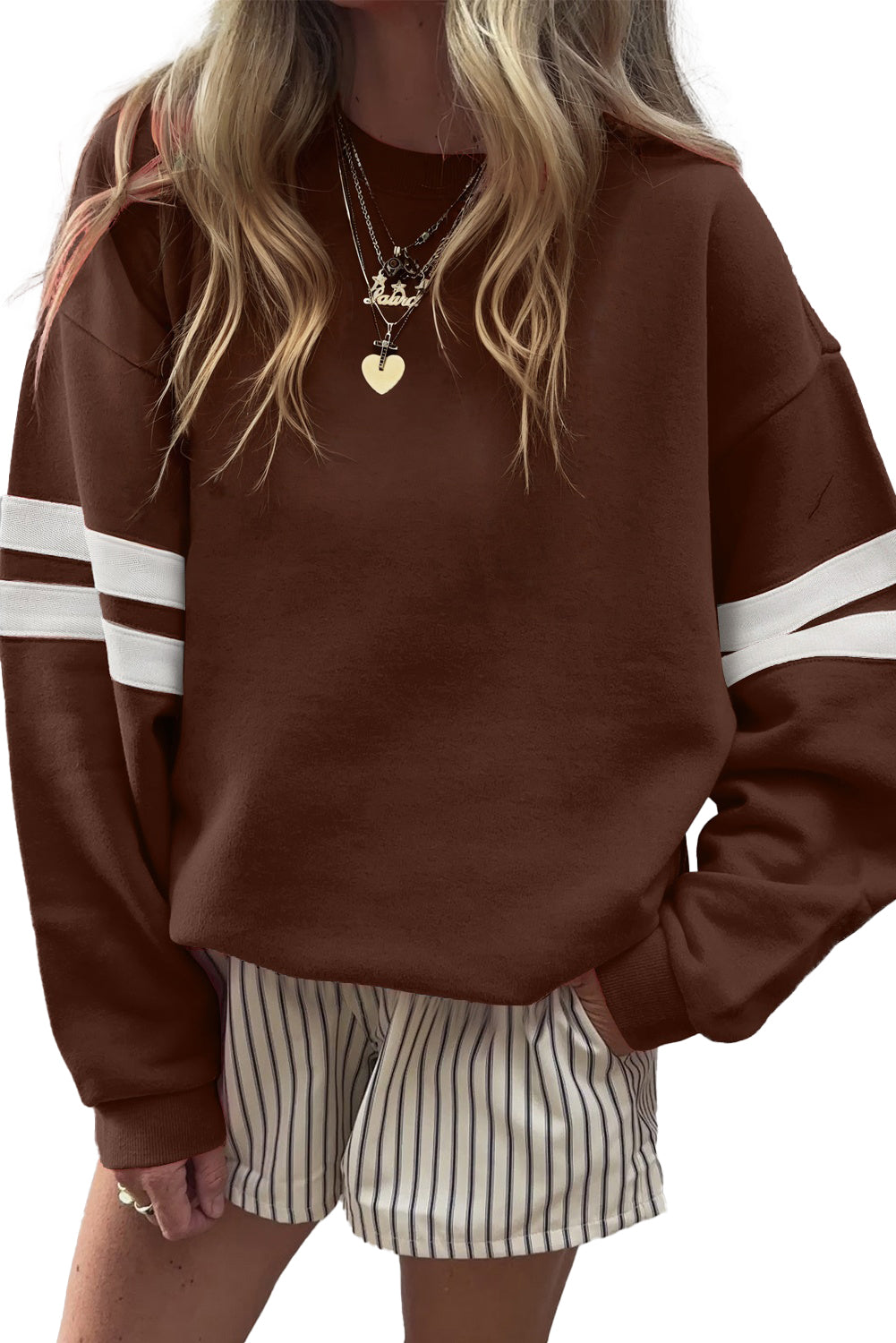 White Preppy Striped Sleeve Loose Sweatshirt Coffee 65%Polyester+35%Cotton cdeabe578b1219b4