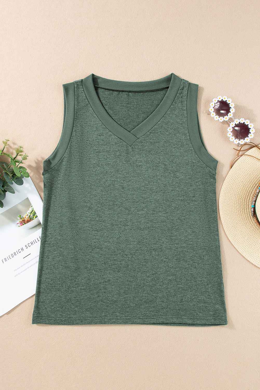 Mist Green Contrast Trim V-Neck Loose Fit Tank Top cdf470eea1f23b17