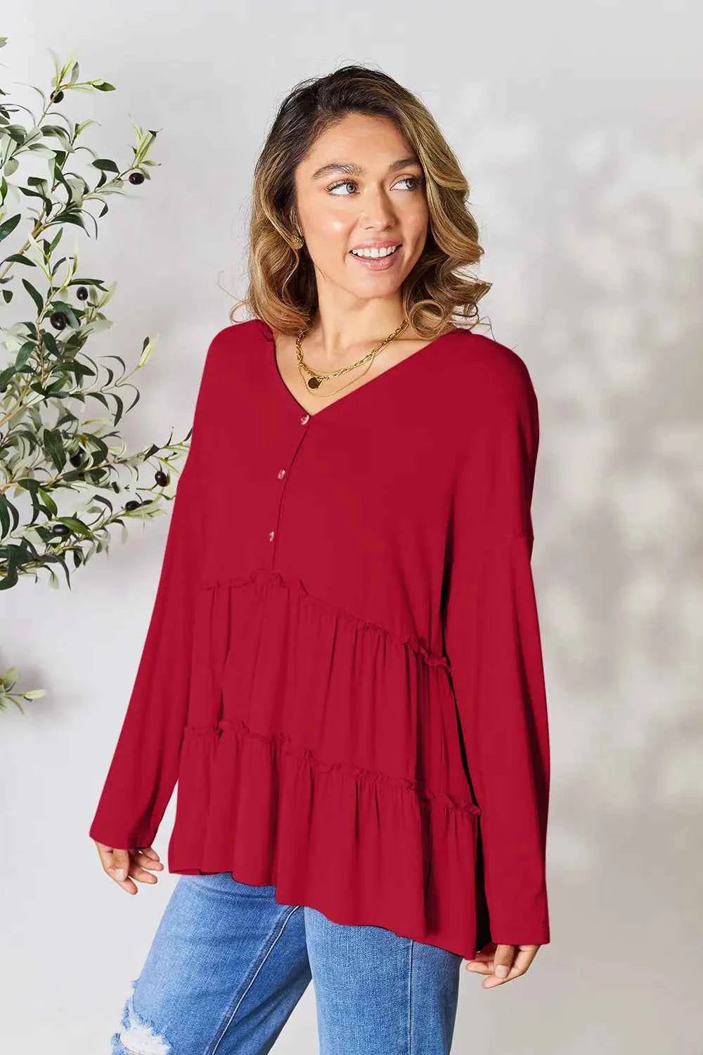 Double Take Half Button Long Sleeve Ruffle Hem Blouse Burgundy ce04fd1277f34b39af3ea6d344832aa8-Max