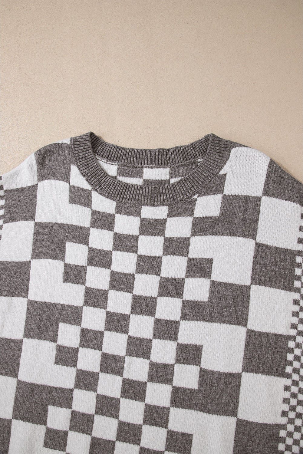 Black Checkered Drop Shoulder Round Neck Sweater ce08710286d6a84e