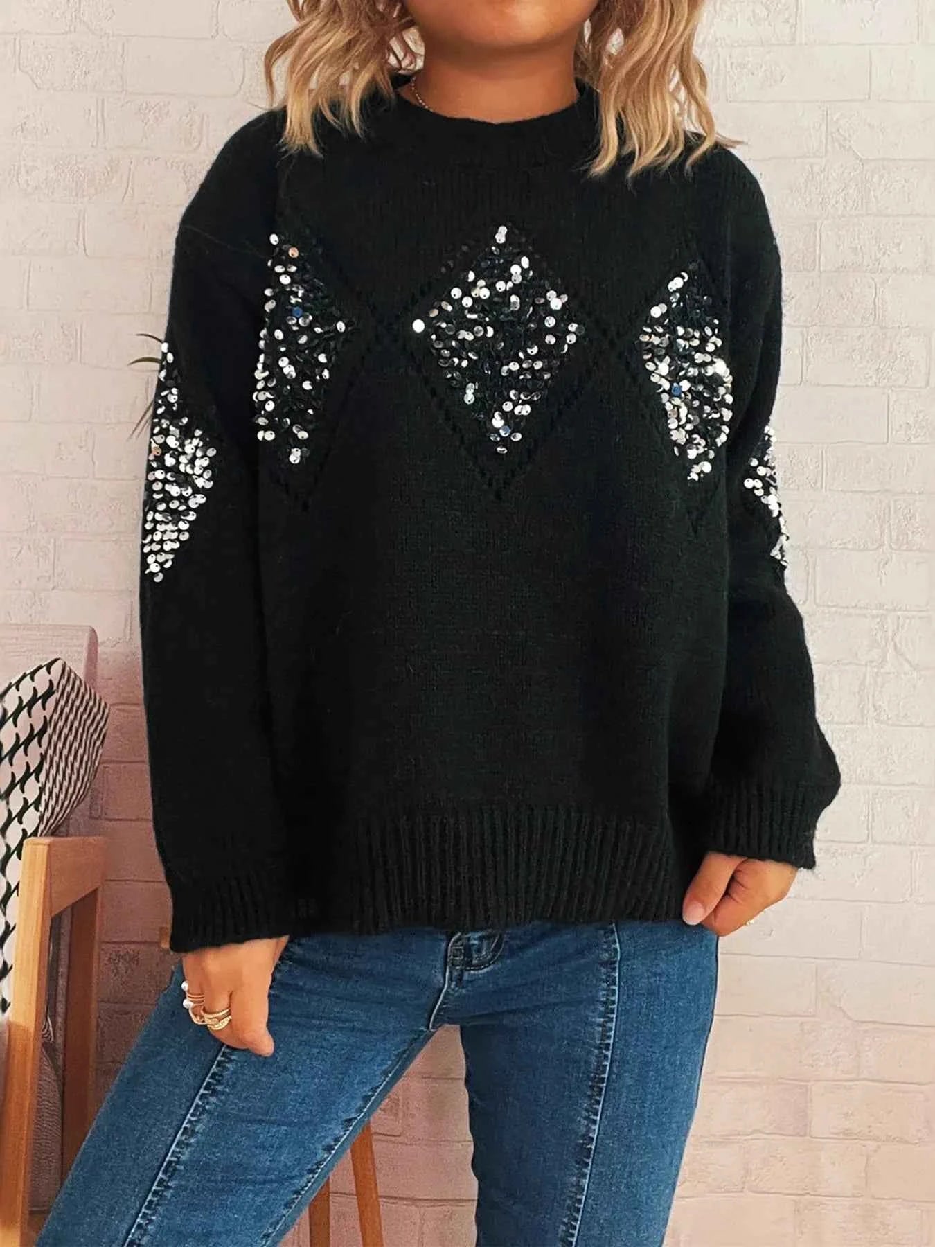 Sequined Diamond Pattern Oversized Sweater ce0fa25ad8fd4a6493f1a775164ab5f0-Max-Origin