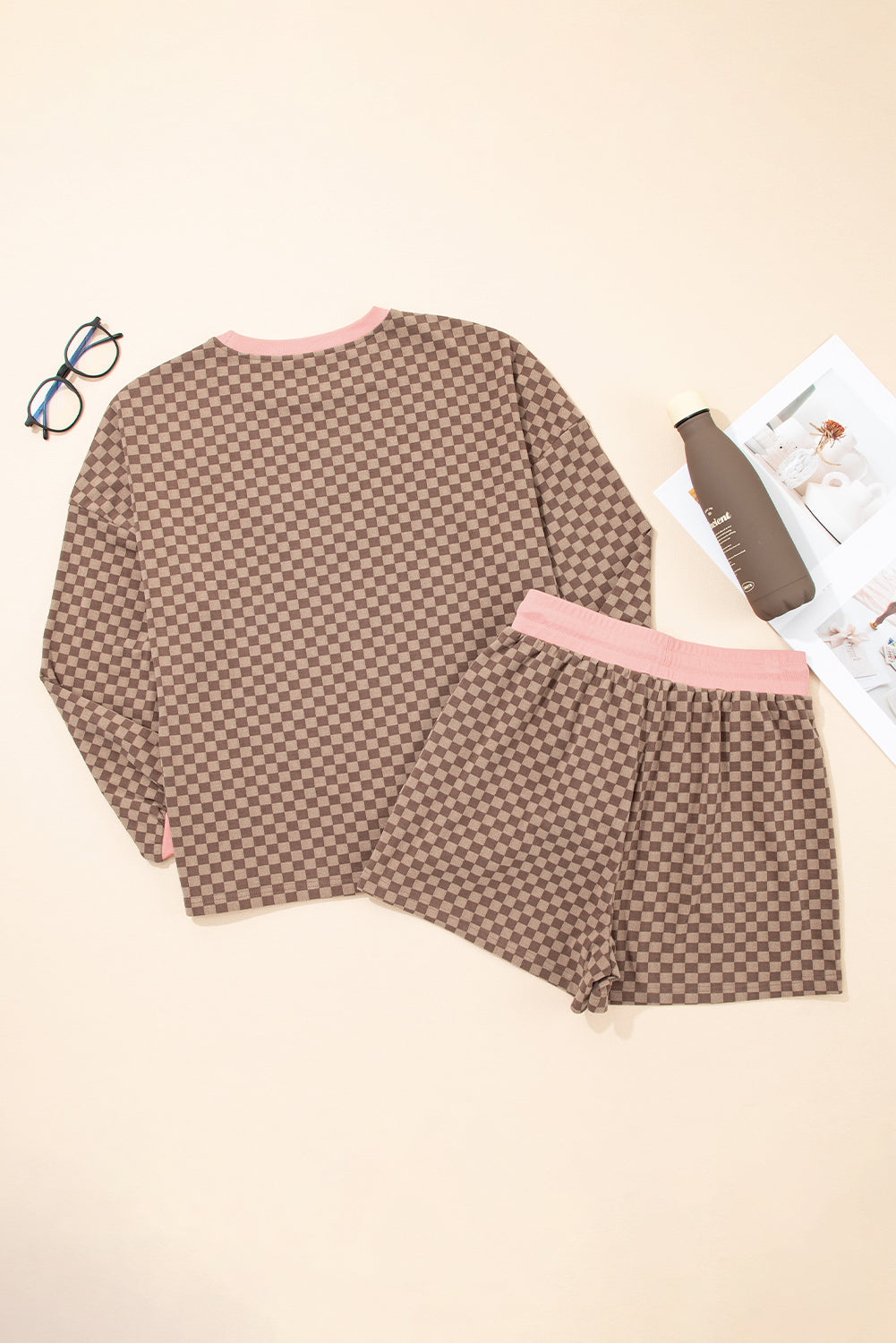 Brown Checkerboard Contrast Trim Long Sleeve Pullover and Shorts Set ce10a389174d60a6