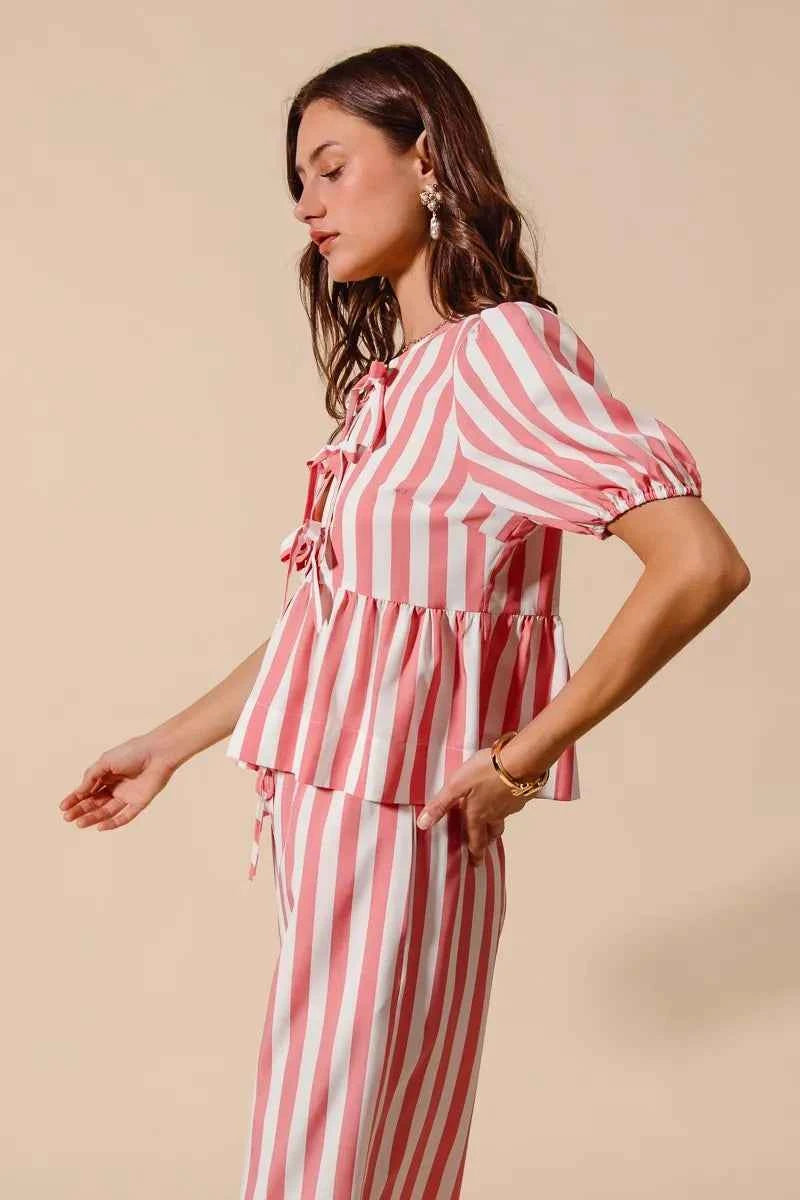 SO ME Front Tie Stripe Top With Puff Sleeves and Wide Leg Pants Set ce1e749db1a54e31ac7b59f214aa1c71-Max-Origin