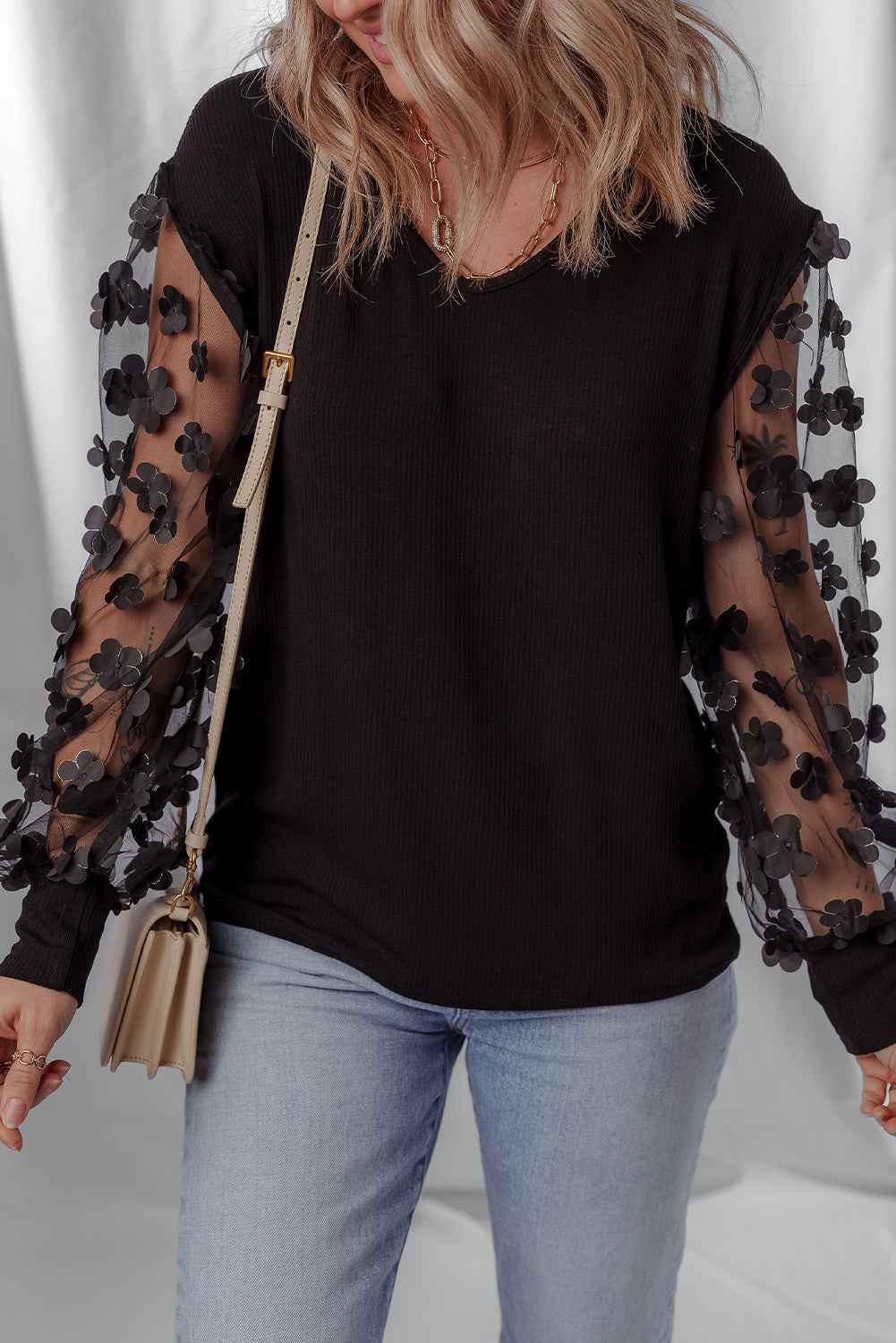 Black Flower Applique Mesh Long Sleeve V Neck Top ce20ad0e99e1629f