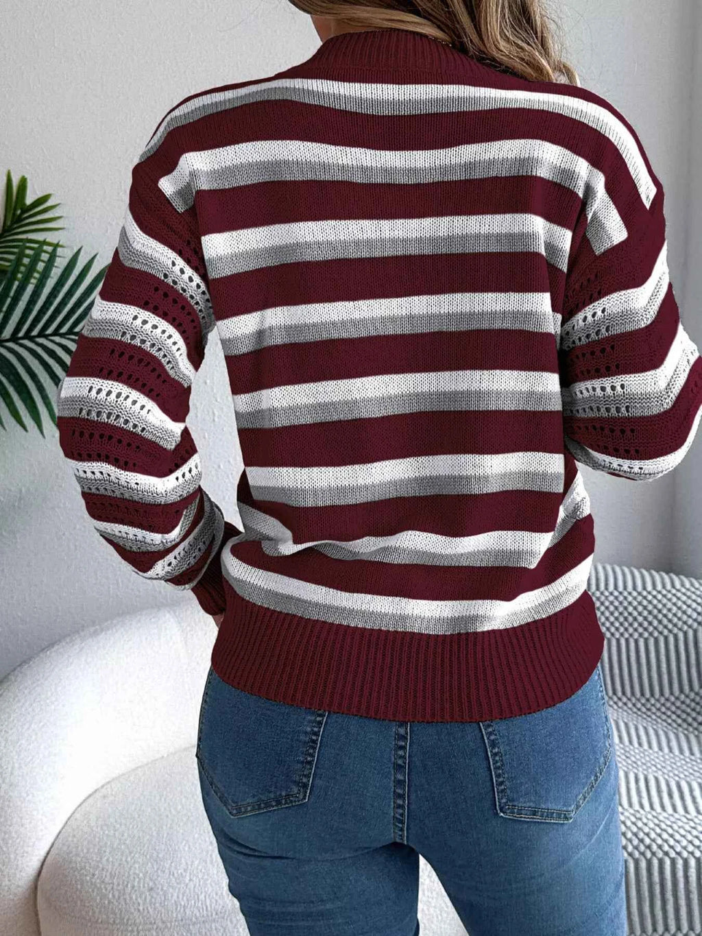 Striped Round Neck Long Sleeve Sweater ce28537861594cbfabc2445441e1989a-Max-Origin