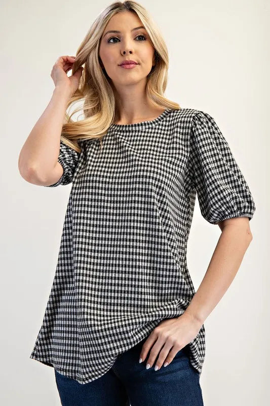 Celeste Full Size Gingham Print Top With Puff Sleeves Plus Size ce399d99-6997-4741-8c56-e86b60c71eeb-Max