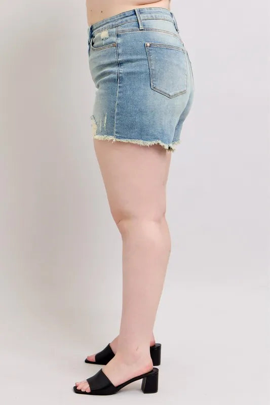 Judy Blue Full Size High Rise Washed Fly Stitch Detail and Destroy Denim Shorts Plus Size ce4612e6-78d7-4b79-a39f-750c55228af7-Max-Origin