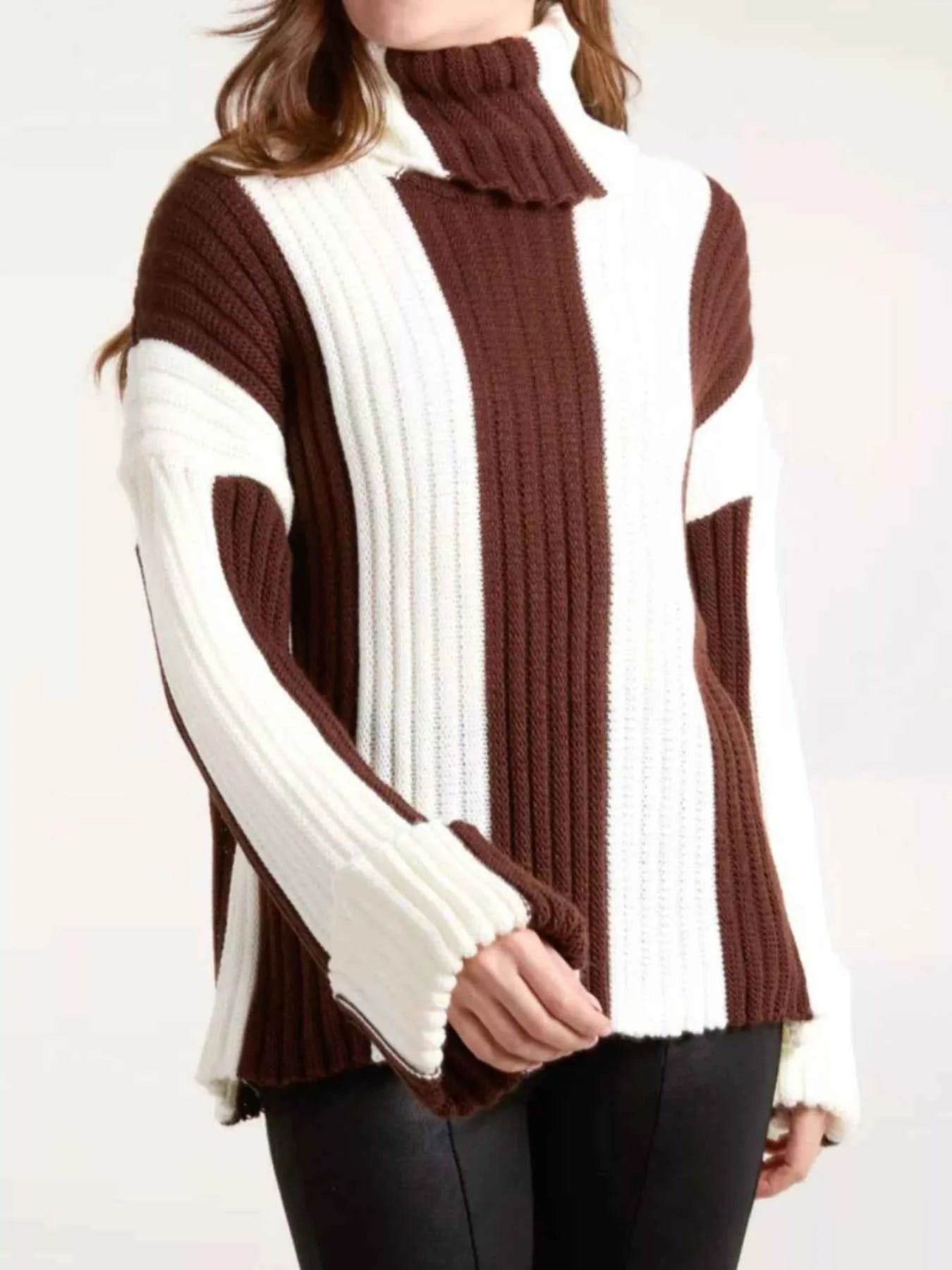 Color Block Ribbed Turtleneck Sweater Brown ce47a240-611d-4f86-a6e7-ff096b2a29ba-Max-Origin