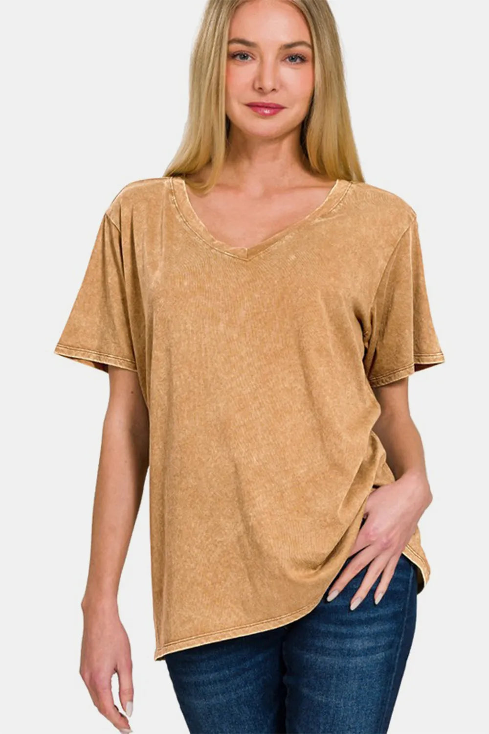 Zenana Full Size Washed Short Sleeve V-Neck T-Shirt Camel ce579080-b667-4e32-8513-b24b9354c88d-Max