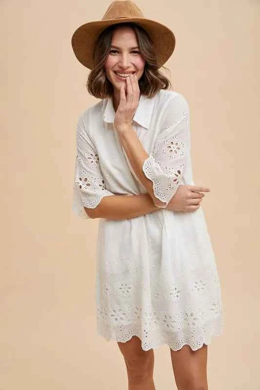 Annie Wear Embroidered Scallop Edge Detail Mini Shirt Dress ce5b706b2756475d97943e7129bbf59e-Max-Origin