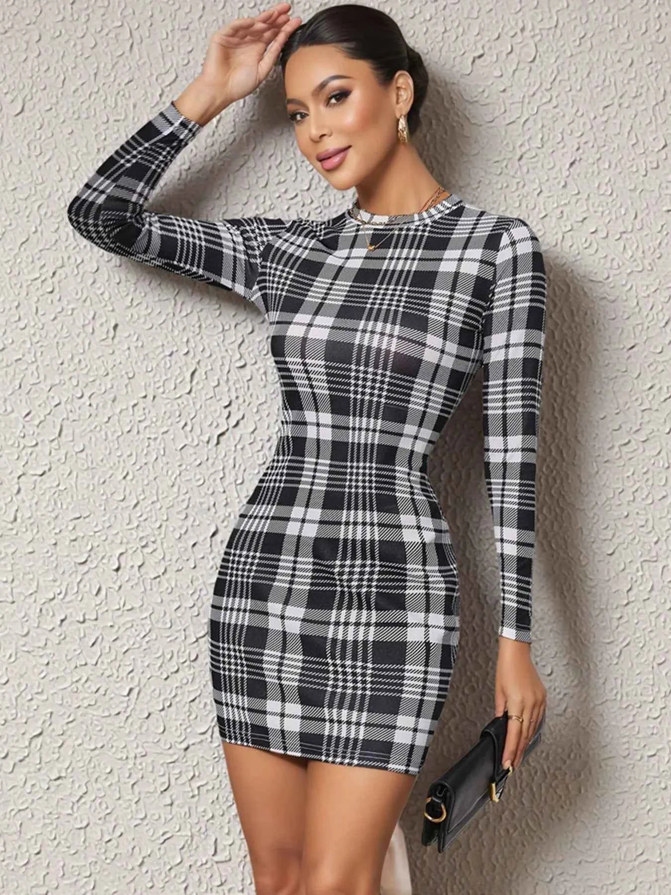 Long Sleeve Plaid Bodycon Mini Dress ce5e590e0bdb406cb77ee4aae1b96d43-Max-Origin