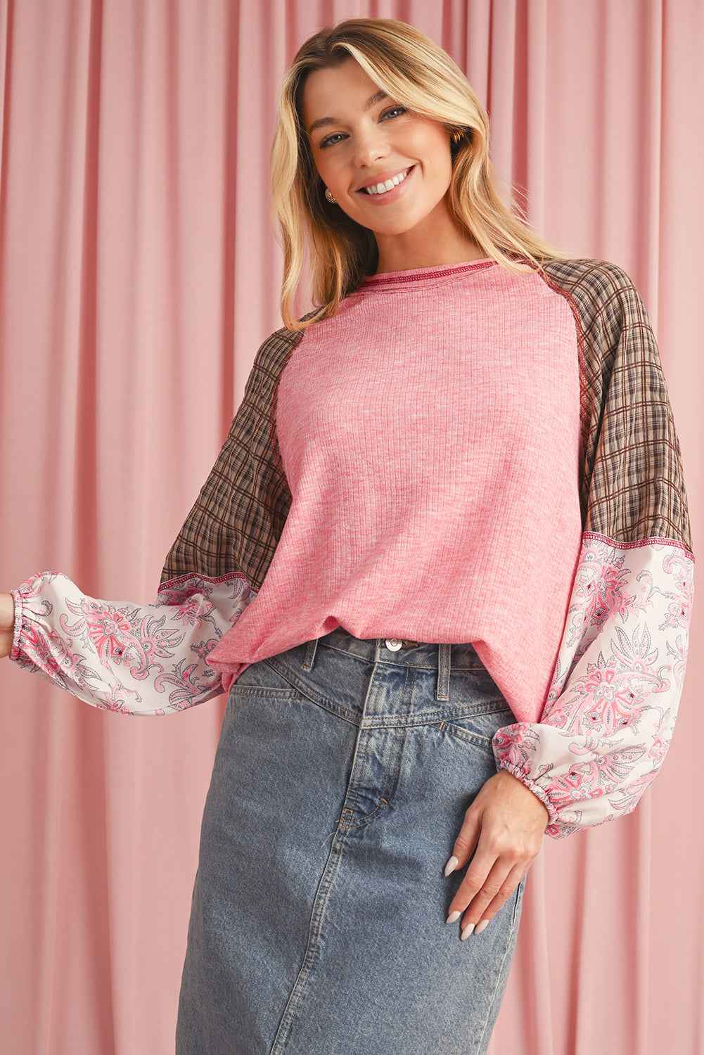 Jet Stream Floral Plaid Mixed Print Patchwork Raglan Ribbed Top ce6a72b945148e53