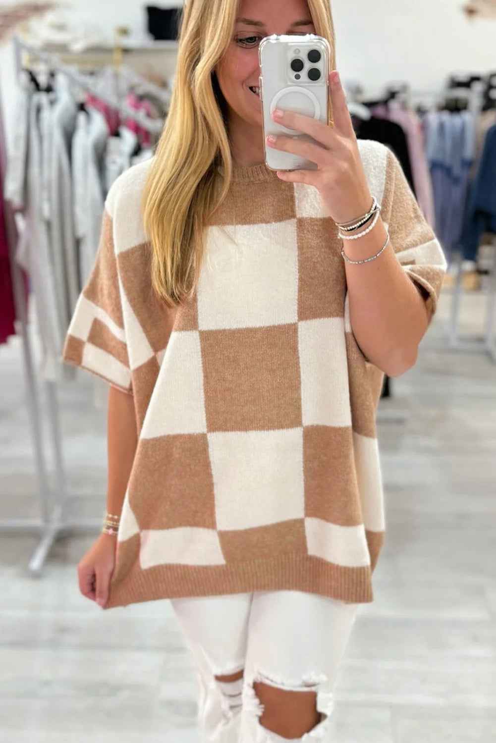 Black Checkered Pattern Loose Short Sleeve Sweater ce86c6698fe337f1