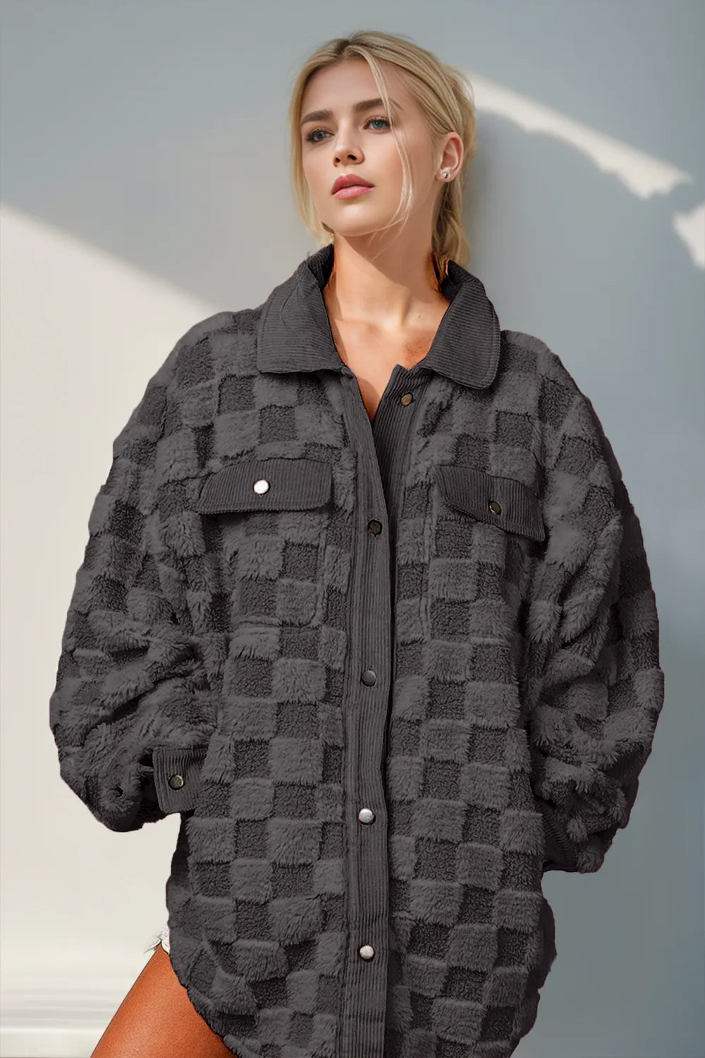 Double Take Button Up Fuzzy Checkered Shacket Black ce942485-57ae-4aab-98be-d5dfa7a0b115-Max