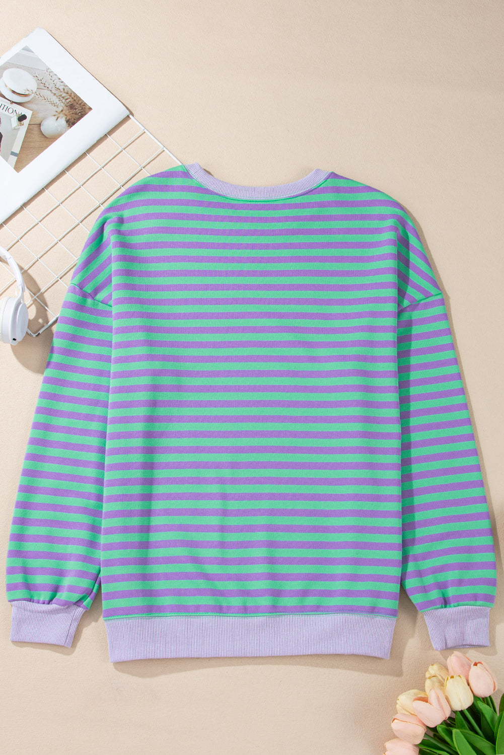 White Striped Contrast Trim Drop Shoulder Sweatshirt cebfbeb88ee25527