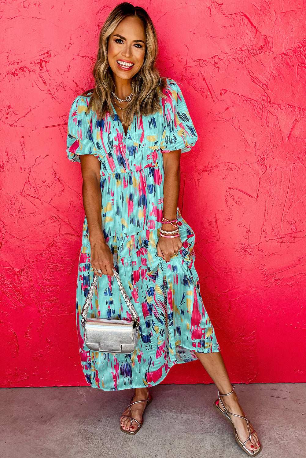Sky Blue Abstract Print Short Puff Sleeve Tiered Maxi Dress cec5b9a5ad280340-_4