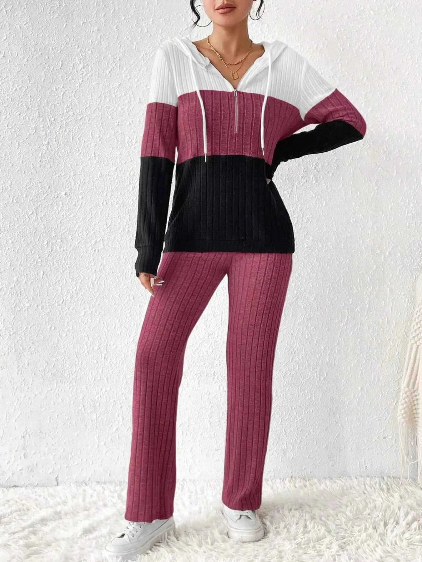 Color Block Half Zip Hooded Top and Pants Set Hot Pink cec9e19c746a4720af238d261c017aeb-Max-Origin