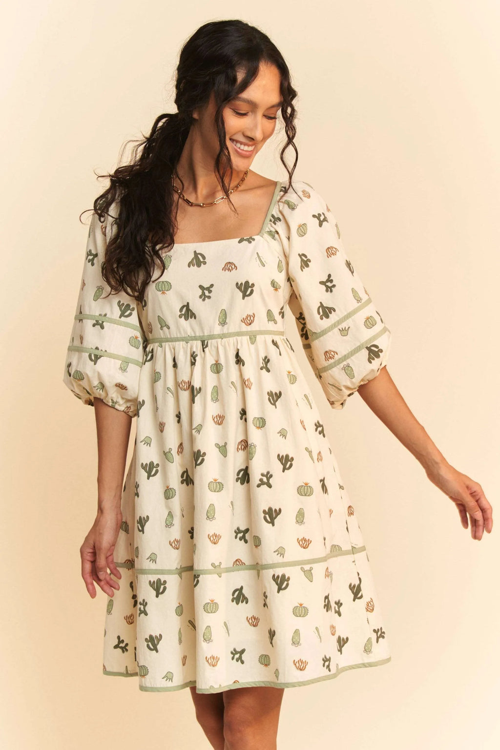 Davi & Dani Cactus Printed Poplin Contrast Piping Mini Dress CREAM GREEN ced8f0edbab5482da7ab0a3113426280-Max-Origin