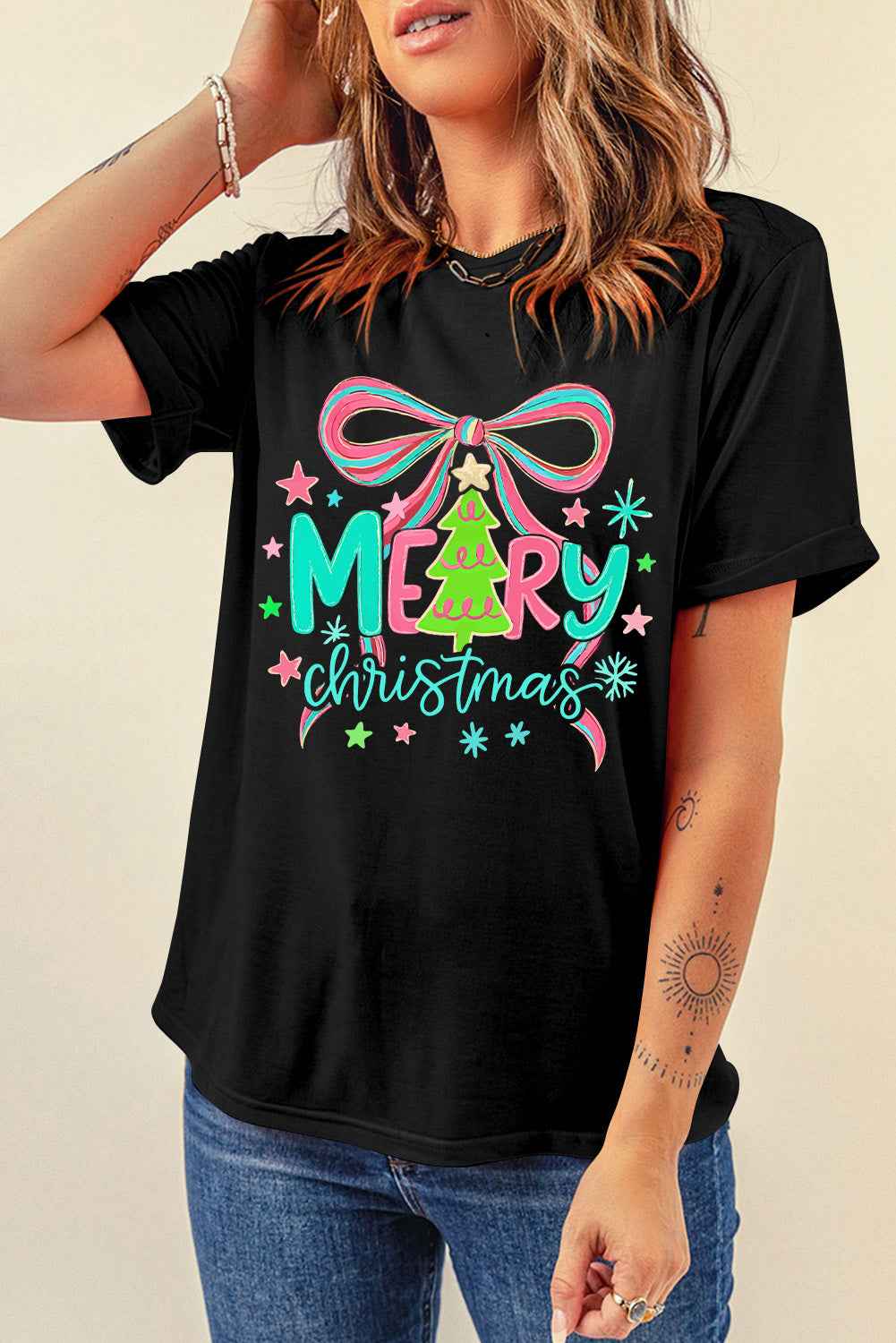 Black MERRY Christmas Vibrant Bow Heat Transfer Printing T Shirt ced9e7f453a0a406