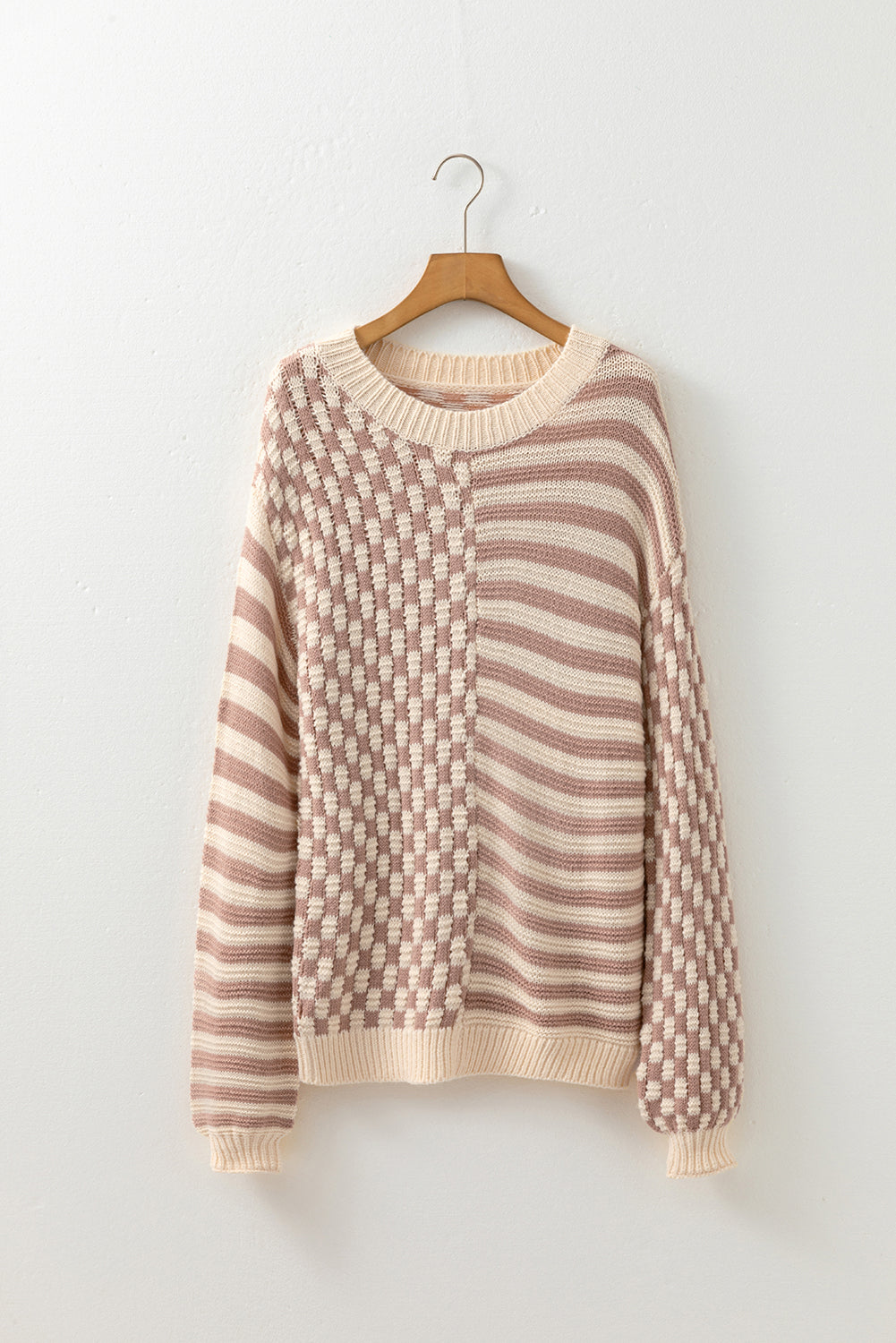 Khaki Stripe Checkerboard Drop Shoulder Balloon Sleeve Sweater cee047edb49e10e3