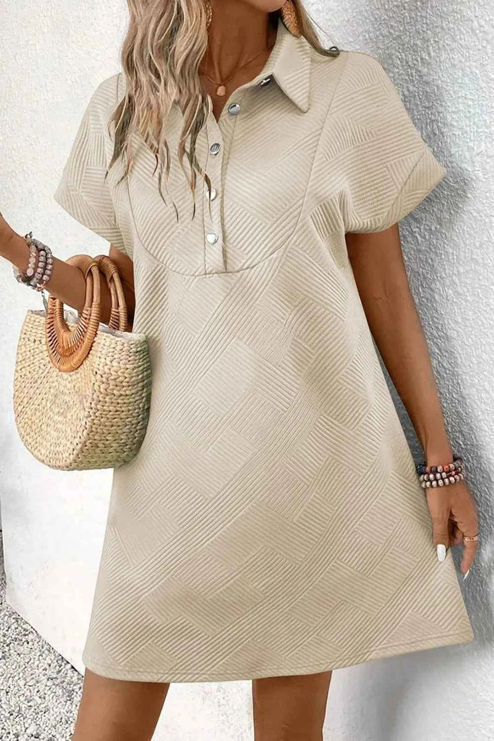 Button Front Short Sleeve Mini Dress Beige cee6306e-03dc-4cf6-9ee9-9820be1090cf-Max-Origin