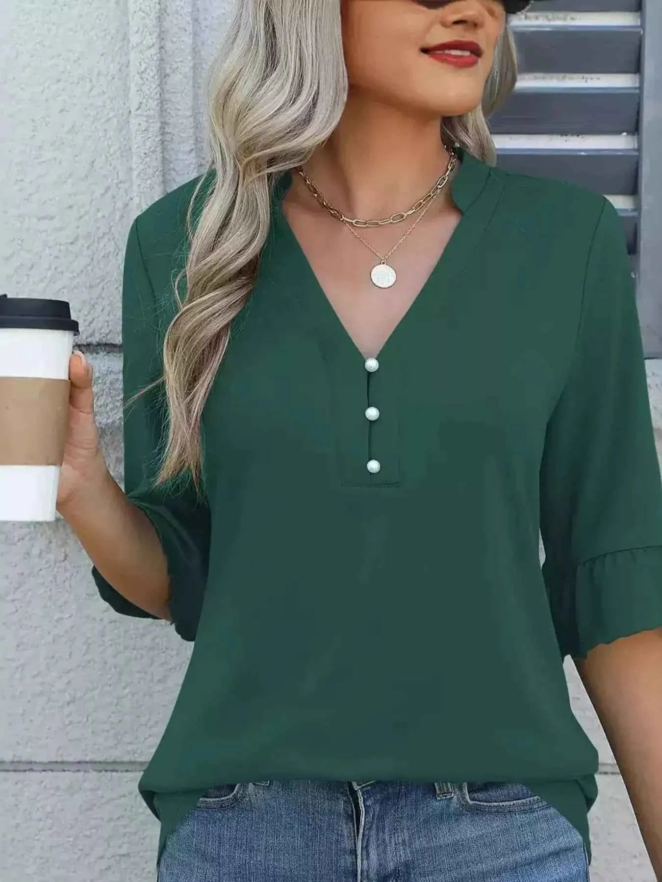 Full Size Notched Flounce Sleeve Blouse Plus Size Green cf239d86454d4ae899825ab37e047fb9-Max-Origin