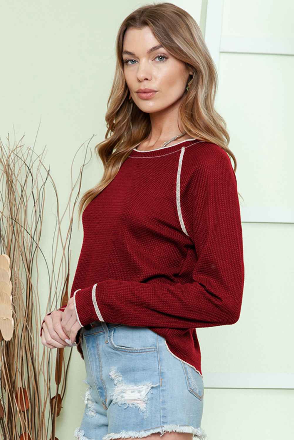 Red Exposed Seam Textured Pullover Long Sleeve Top cf25b7ced0648cb4