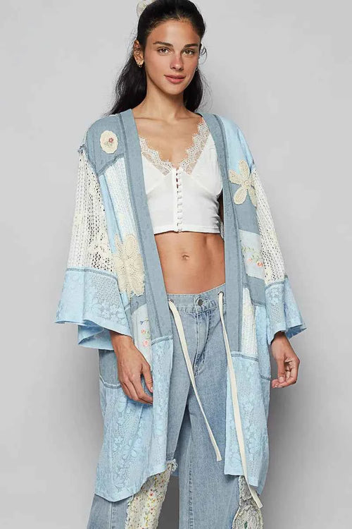 POL Double Gauze and Lace Mix Cardigan with Embroidered Detail